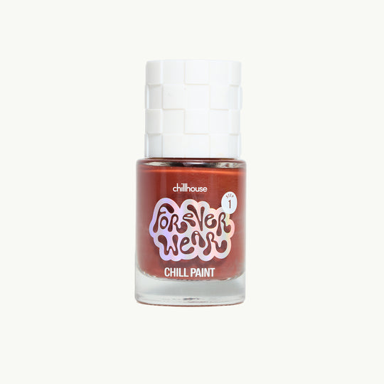 Chillhouse Forever Wear polish in A Little Rusty, a sun-warmed brick red shade, bottle shot
