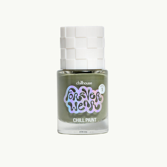 Chillhouse Forever Wear polish in Jog in the Fog, a hazy sage shade, bottle shot